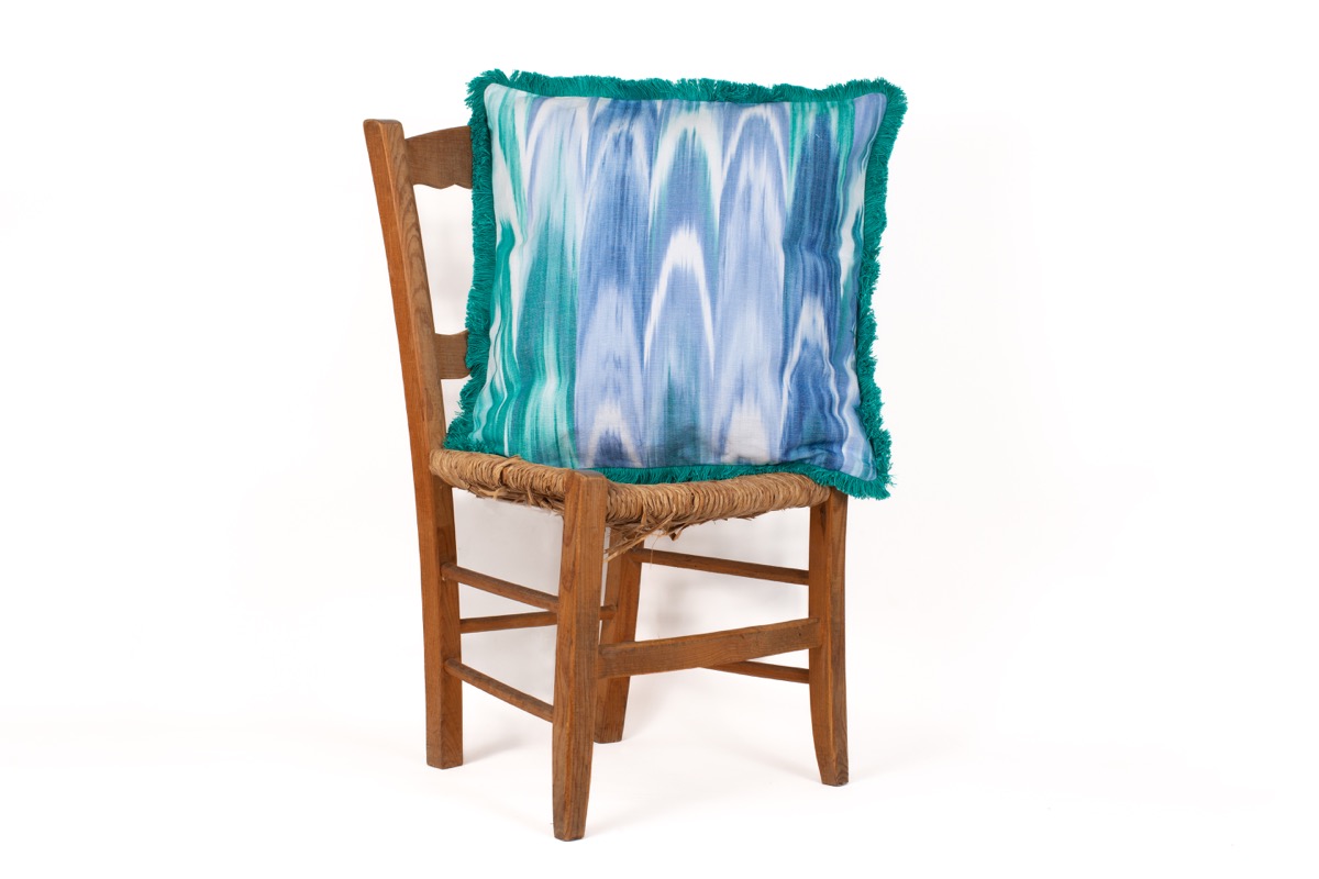 Small Fringe Mallorcan fabric cushion cover 200 Blue - Image 2