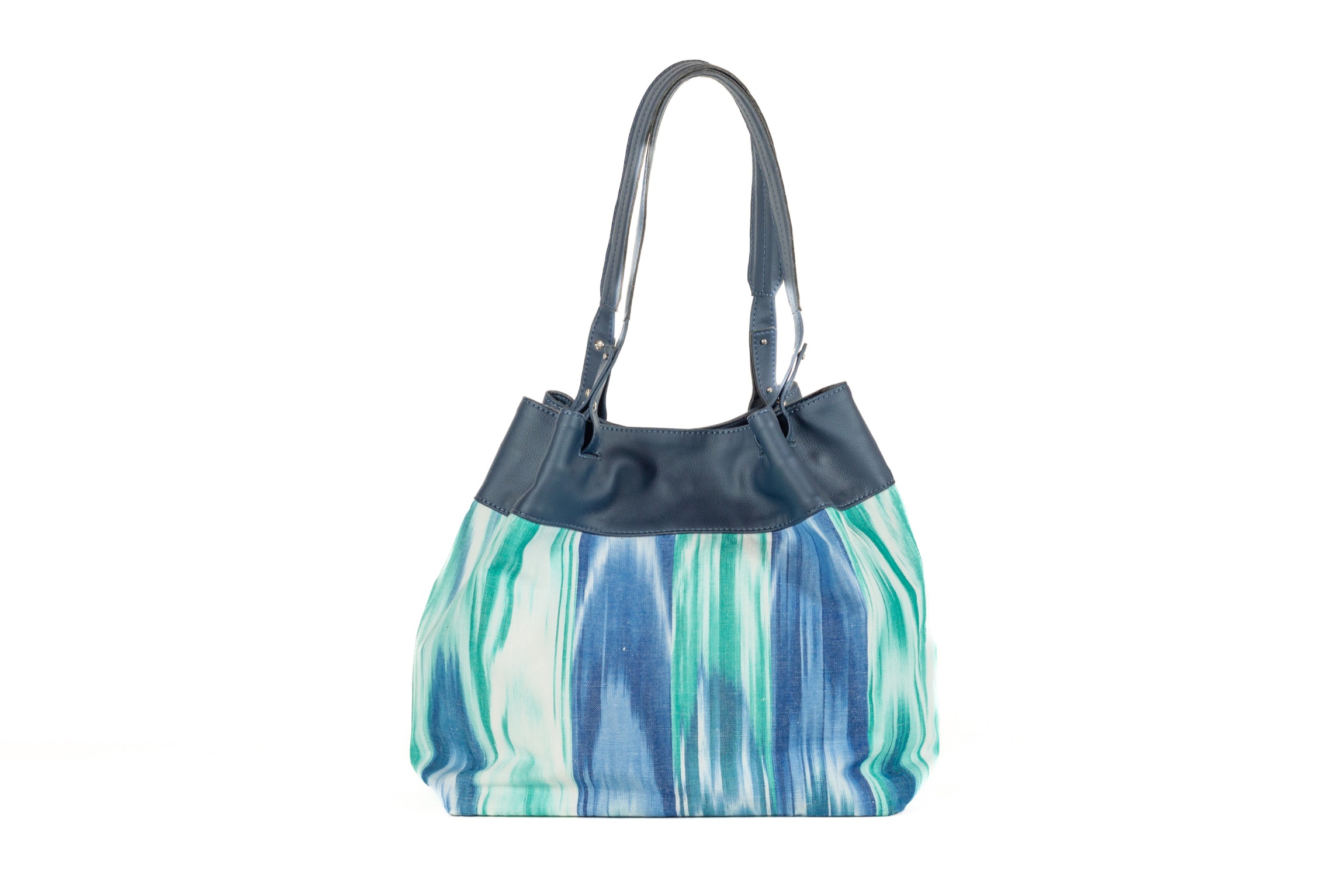 Maxi bossa de pell vegana i tela ikat 200 Blau - Imatge 3