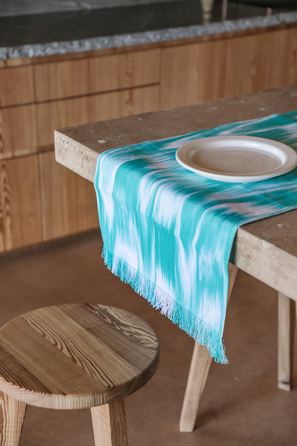 Mallorcan fabric Table runner with fringes 101 Turquoise