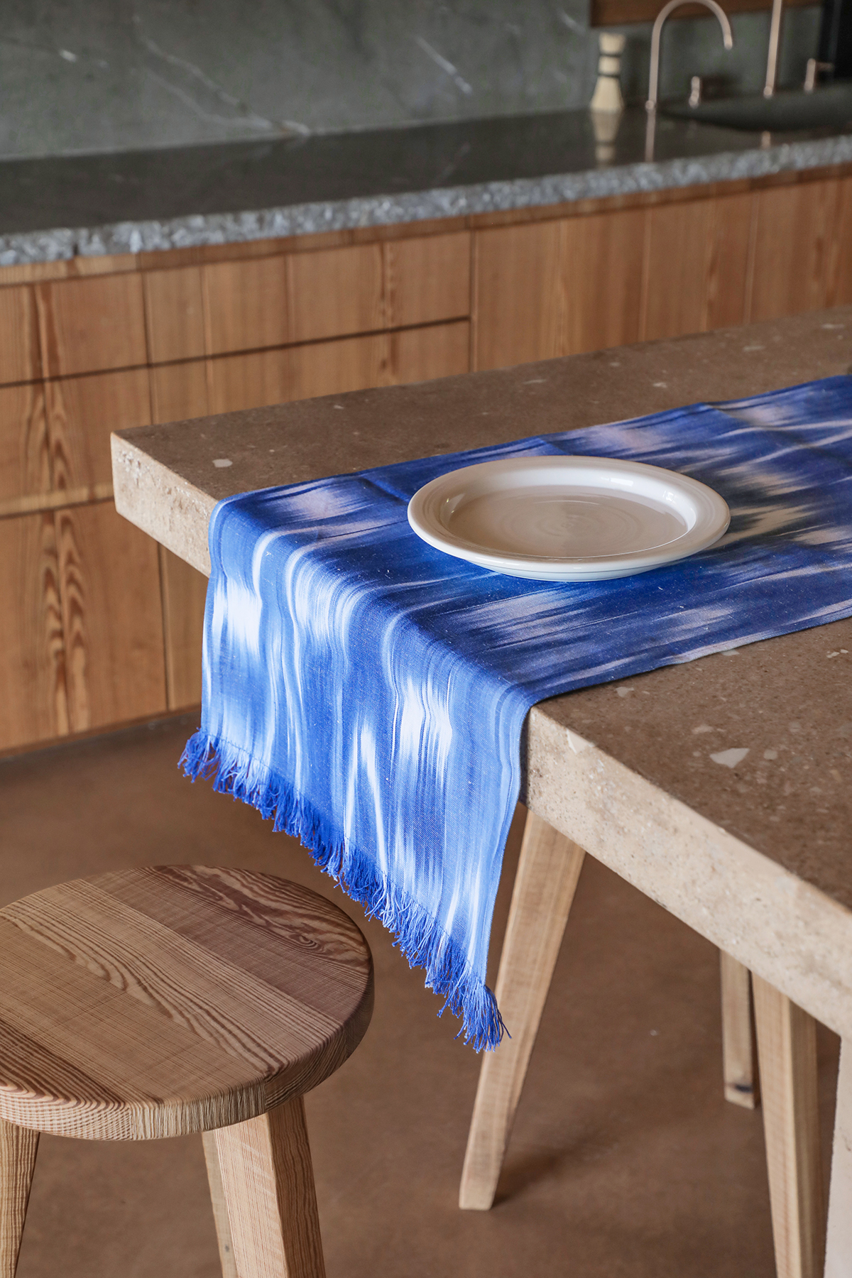 Mallorcan fabric Table runner with fringes 101 Blue